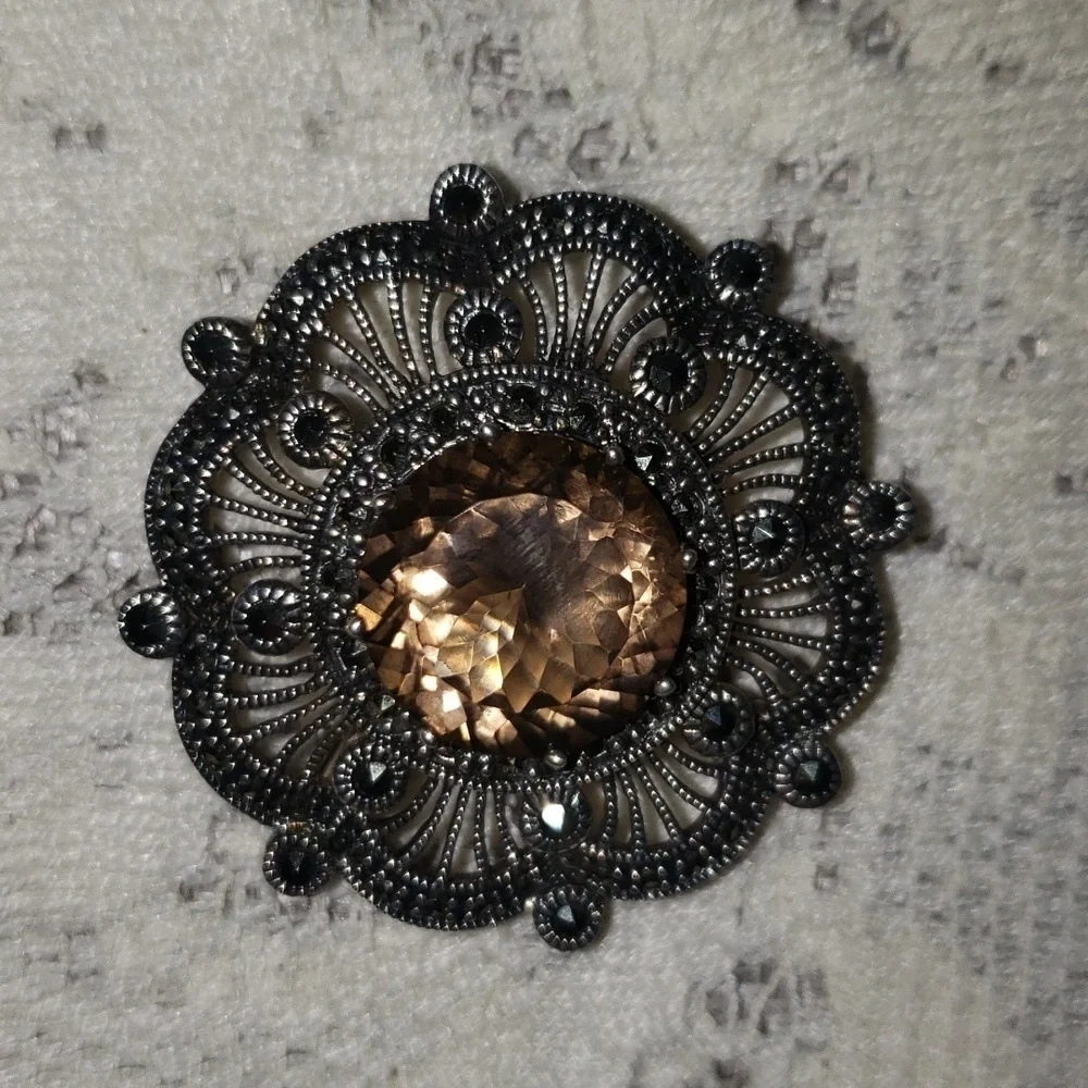 STUNNING Sterling Silver PENDANT BROOCH/PIN Smoky Quartz MARCASITE FILIGREE